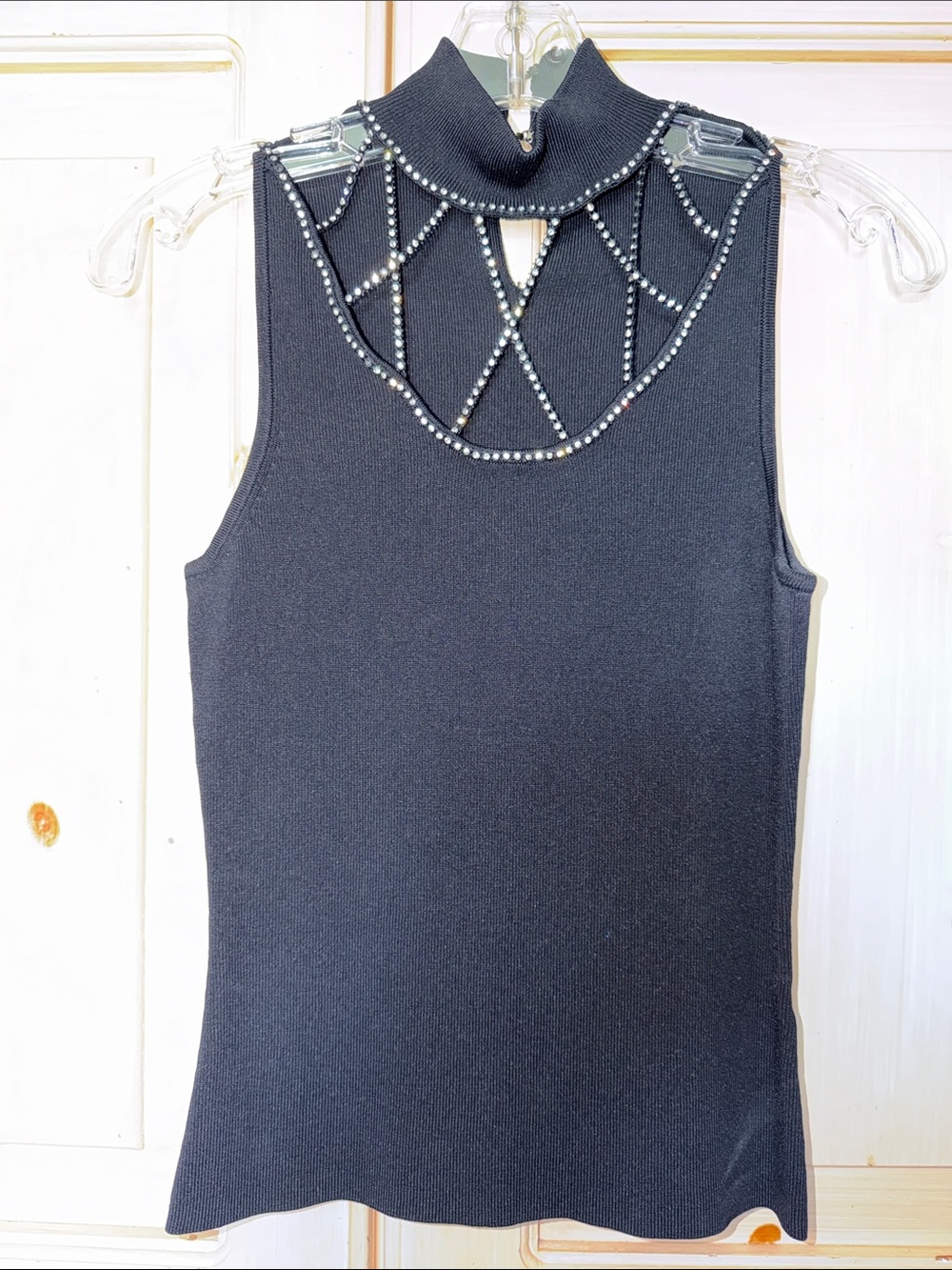 Michelle Nicole Black Jewel-Trim Sleeveless Mock Neck Tank